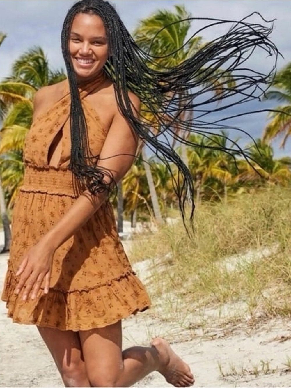 aerie Rust Halter Ruffle Mini Dress